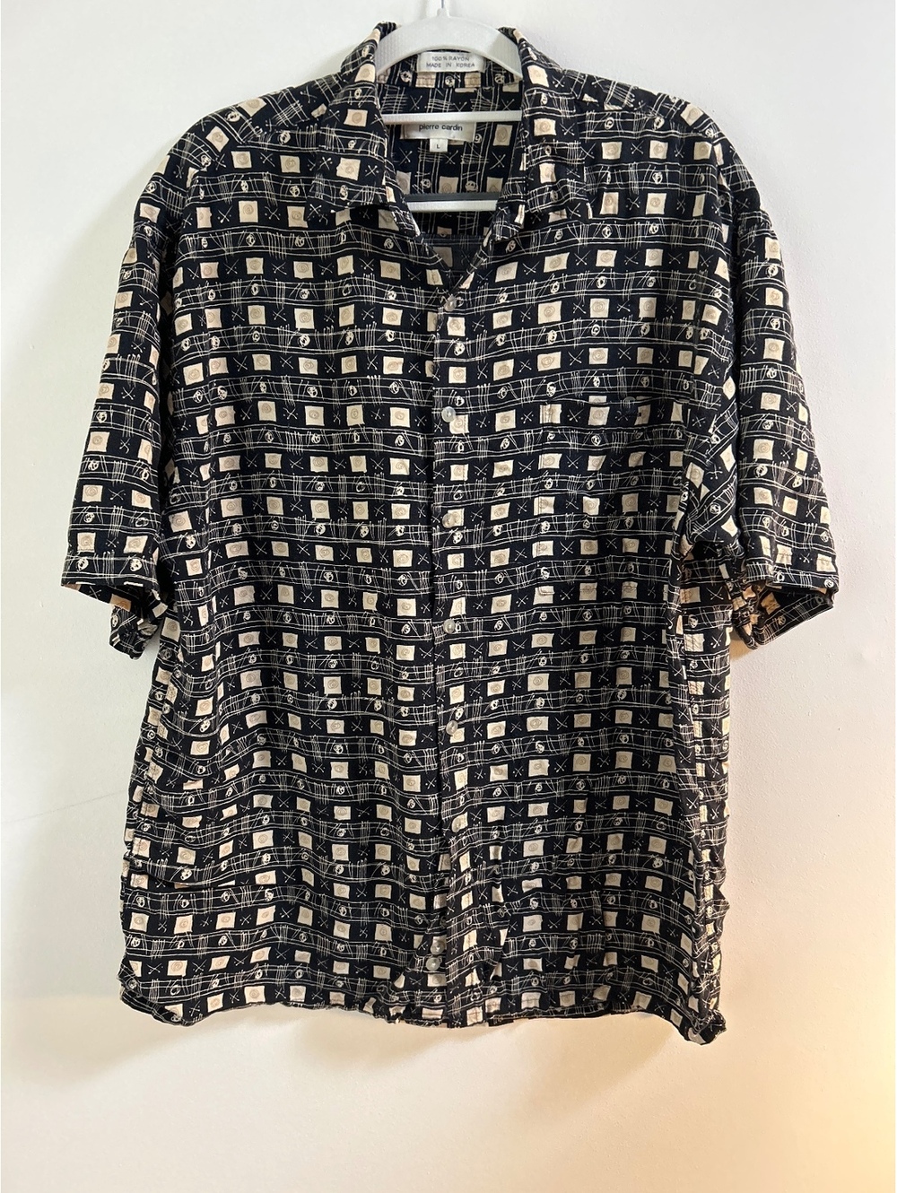 Vintage Pierre Cardin Black and Beige Rayon Button-Up Shirt Large - Picture 1 of 5